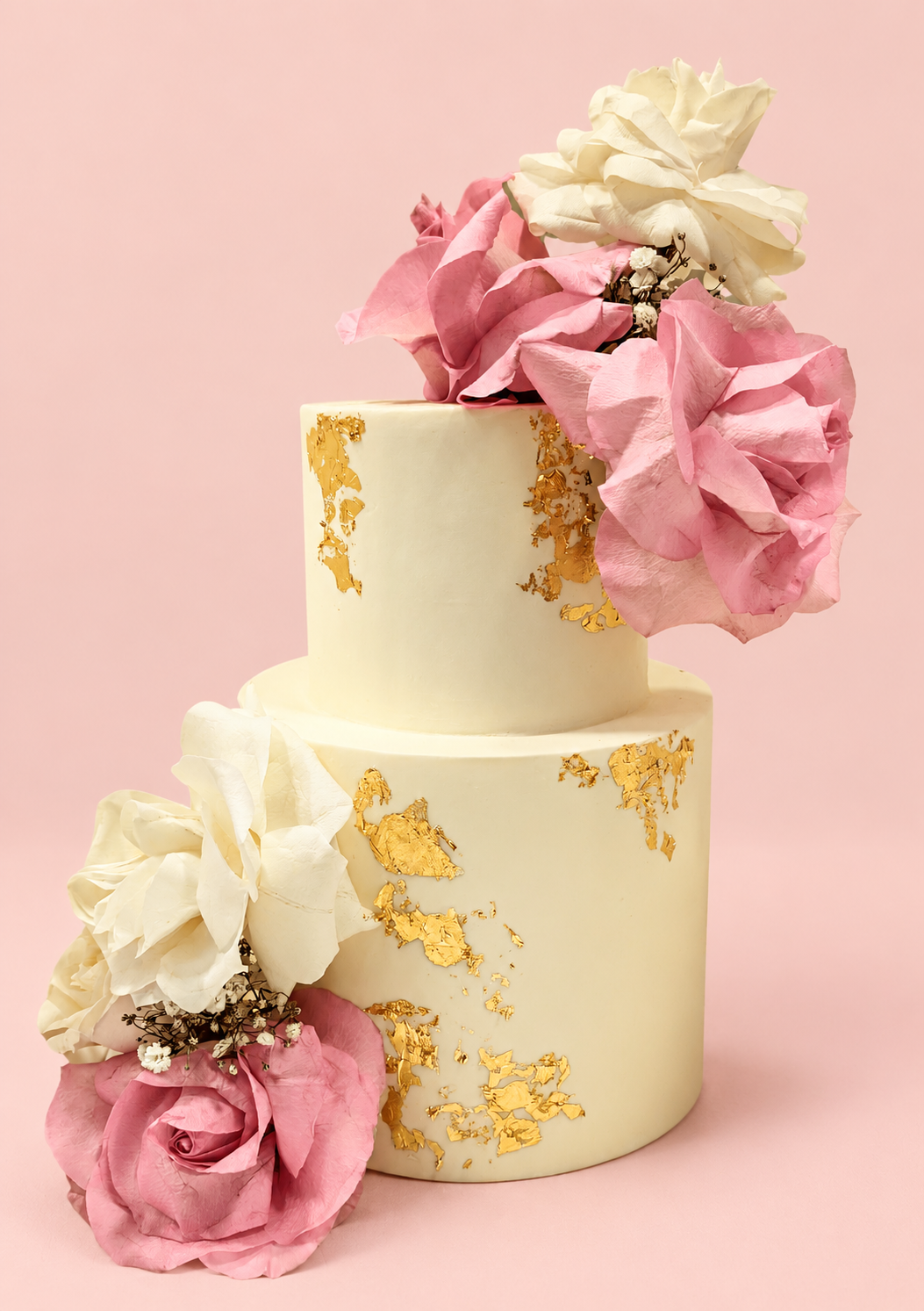 Two Tier White, Gold & Pink Wedding Cake