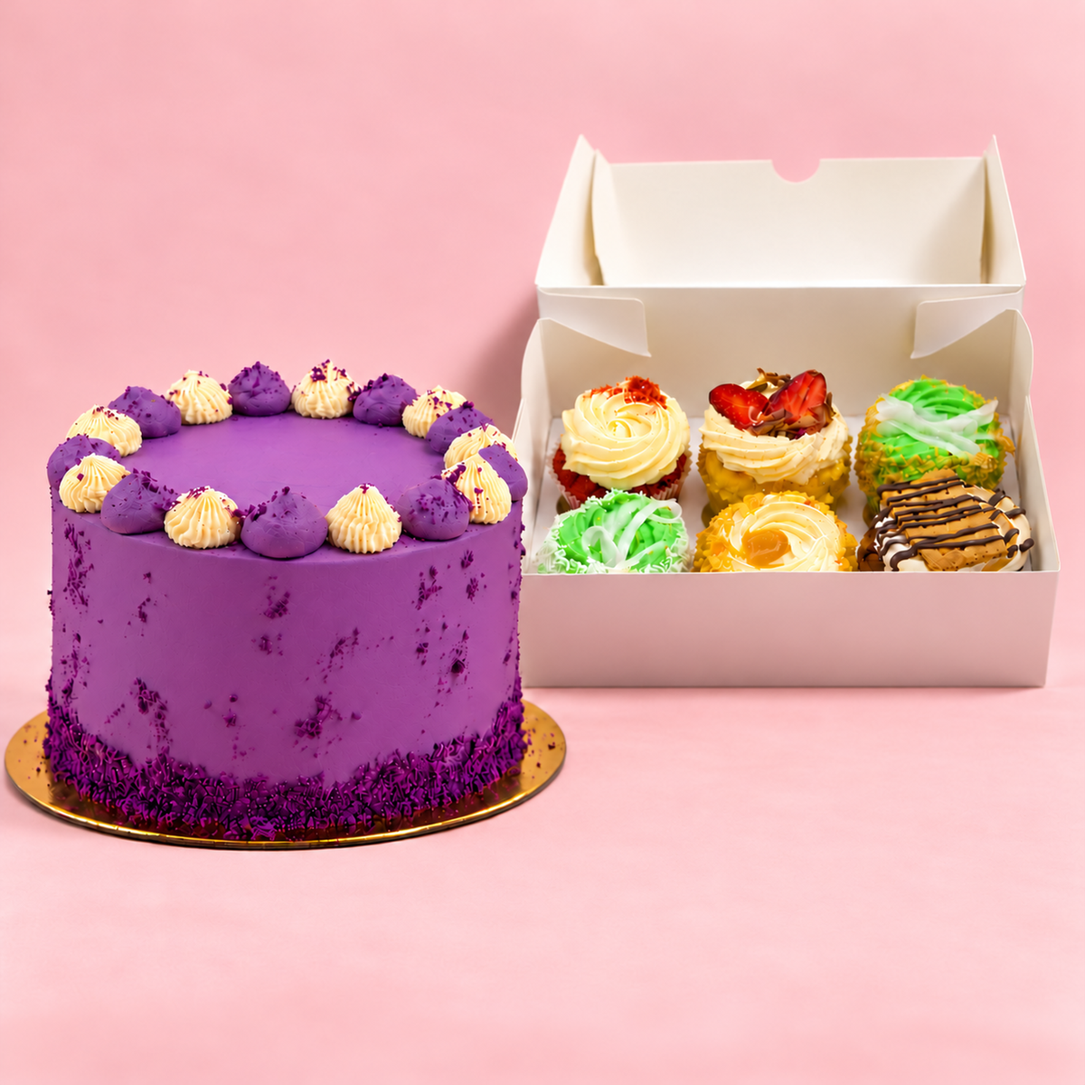 Ube Cream cake with a box of 6 cupcakes