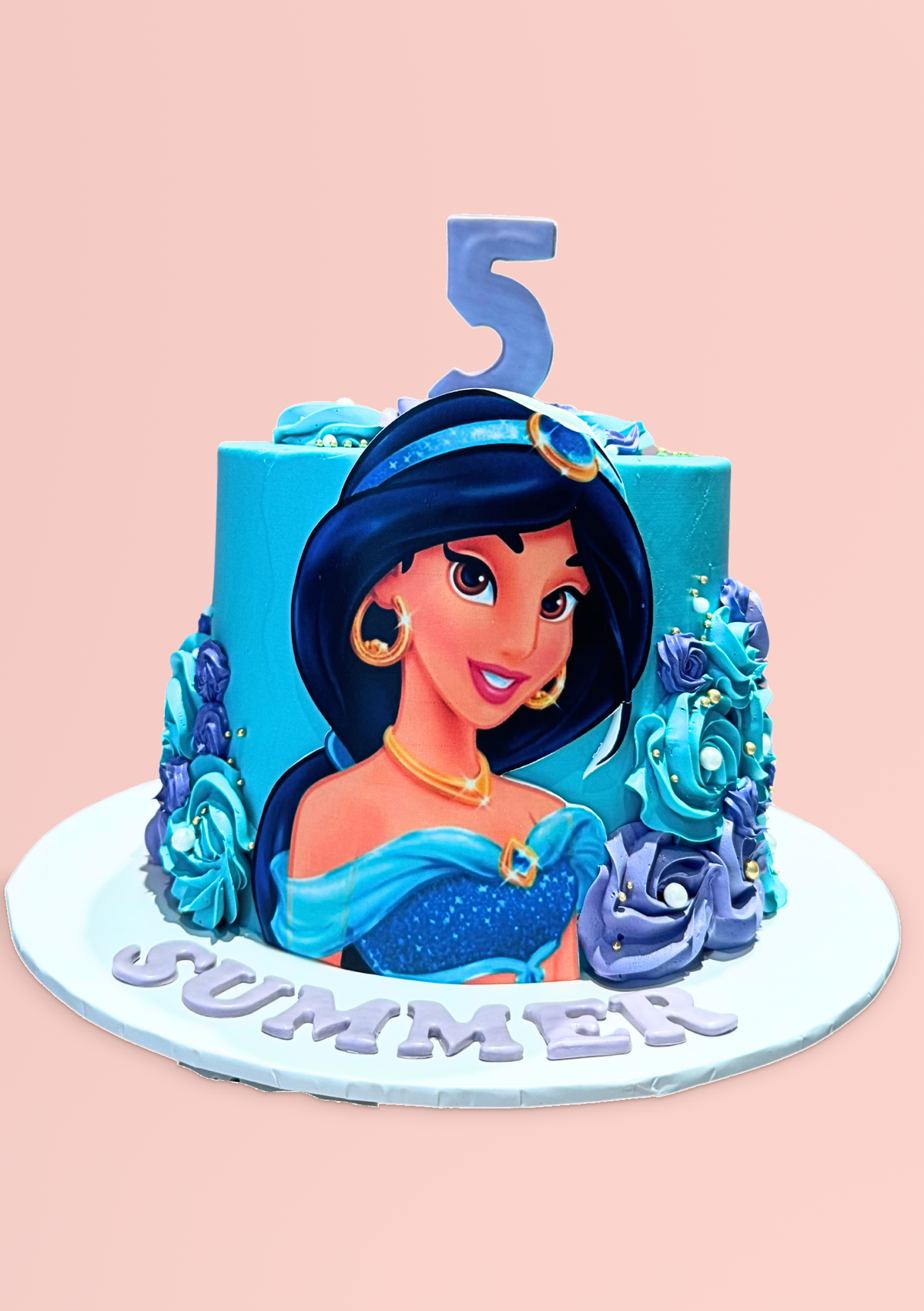 Disney Princess Cake with a princess print, number 5 topper and name plaque