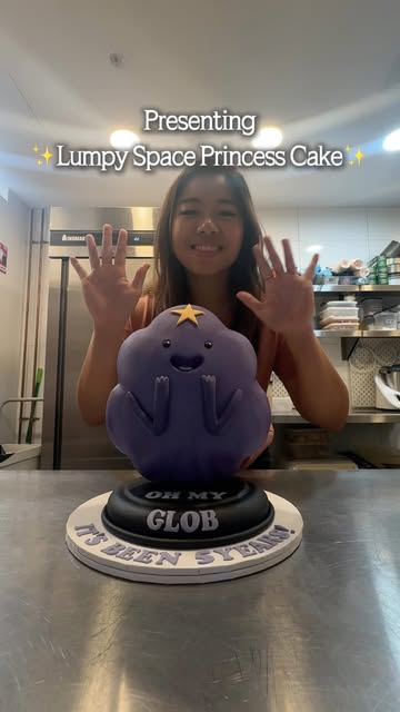 Lumpy Space Princess character cake in the bakery kitchen