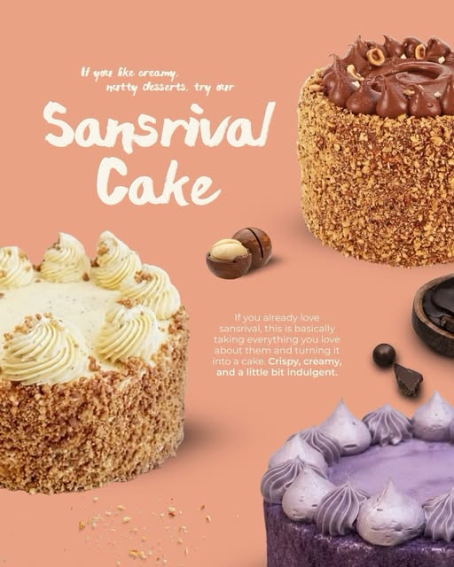 Sansrival cakes: cashew, chocolate and ube
