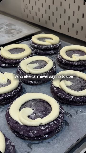 Tray of cream-filled ube crinkle cookies