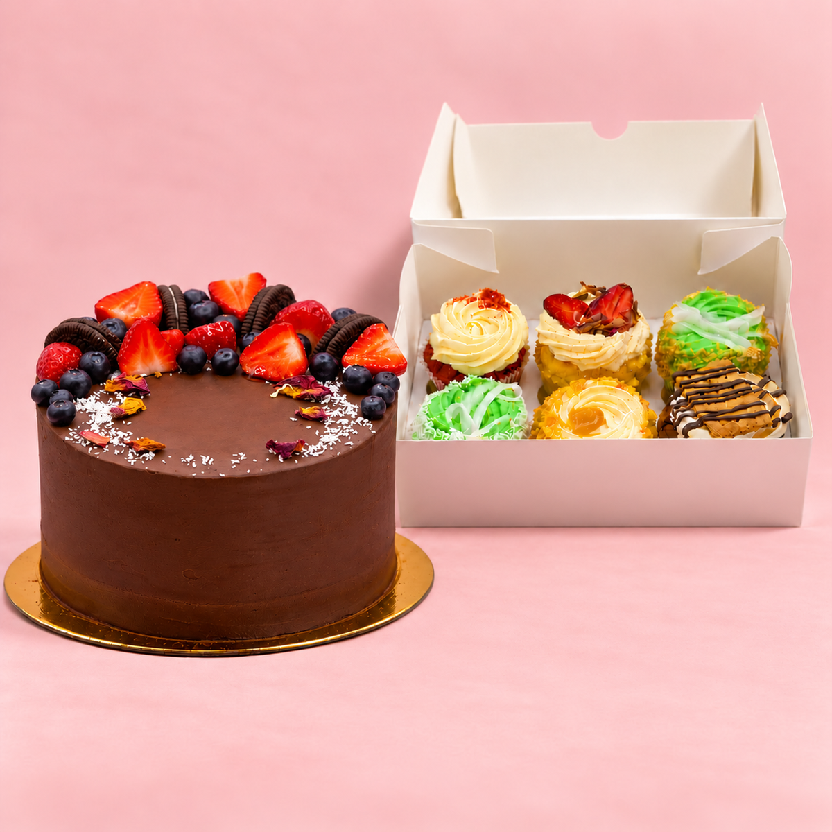 Chocolate Truffle cake with a box of 6 cupcakes