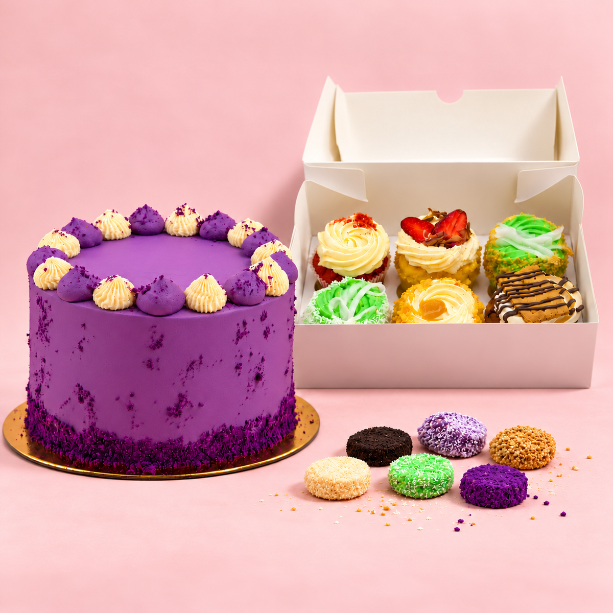 Ube Cream cake with a box of 6 cupcakes and 6 silvanas